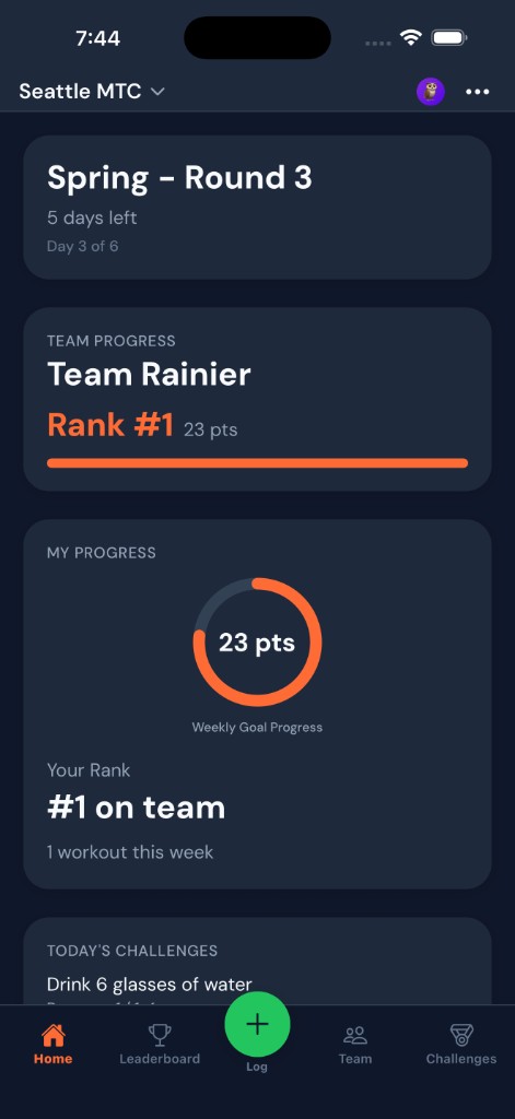 FitClub Home — powerful analytics: team rank, weekly goal, and today’s challenges