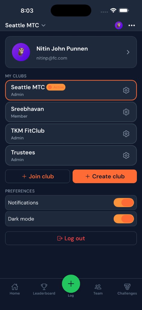 Profile: account, my clubs, roles, join or create club, preferences, logout